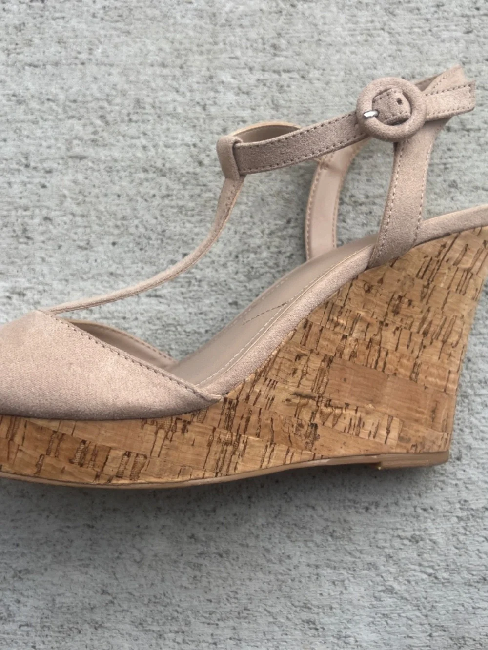 Charles by Charles David Latin Cork Wedge T-Strap Sandal in Nude Suede - With Bo